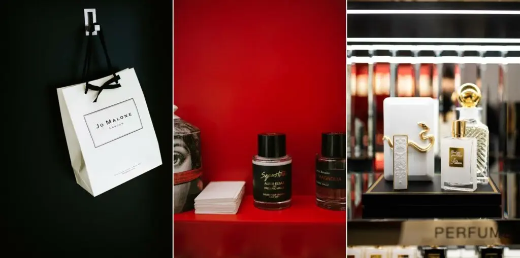 Un collage di tre immagini: una borsa da shopping Jo Malone, un'esposizione di piccoli flaconi di profumo su uno sfondo rosso, e una selezione di flaconi di profumo con decorazioni eleganti.