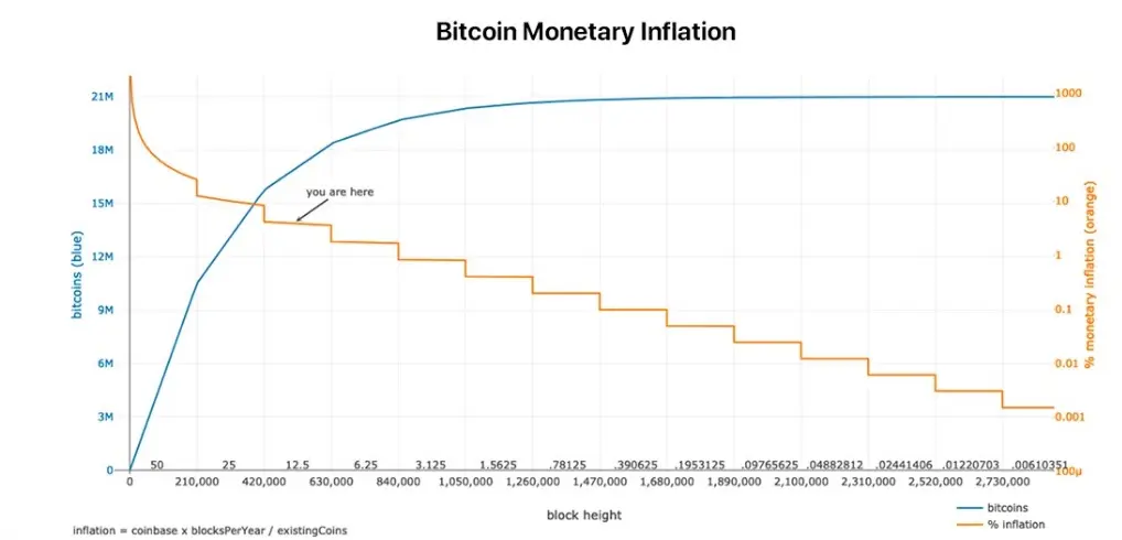 Rappresentazione grafica del tasso di inflazione e offerta monetaria di bitcoin.
